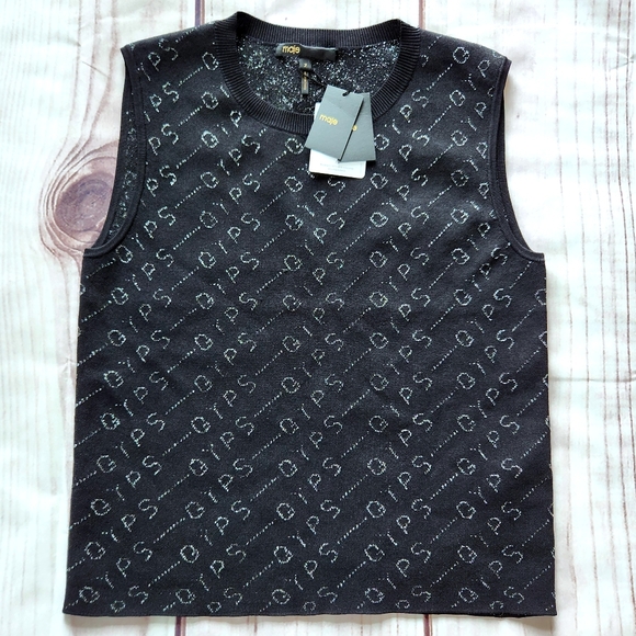NWT Maje "Mypsa Knit Shell" Sleeveless Tank Black Silver Glitter, Women's Size 2 - Picture 3 of 11